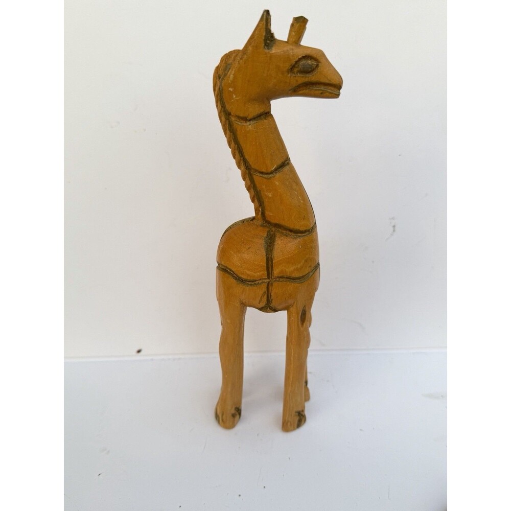 Hand Carved Wooden Giraffe Figurine With Rustic Stylized Details